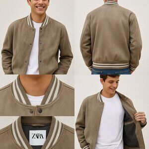 ZARA Varsity Bomber Jacket Mens M Faux Suede Taupe Tan Snap Front YKK Zip Lined